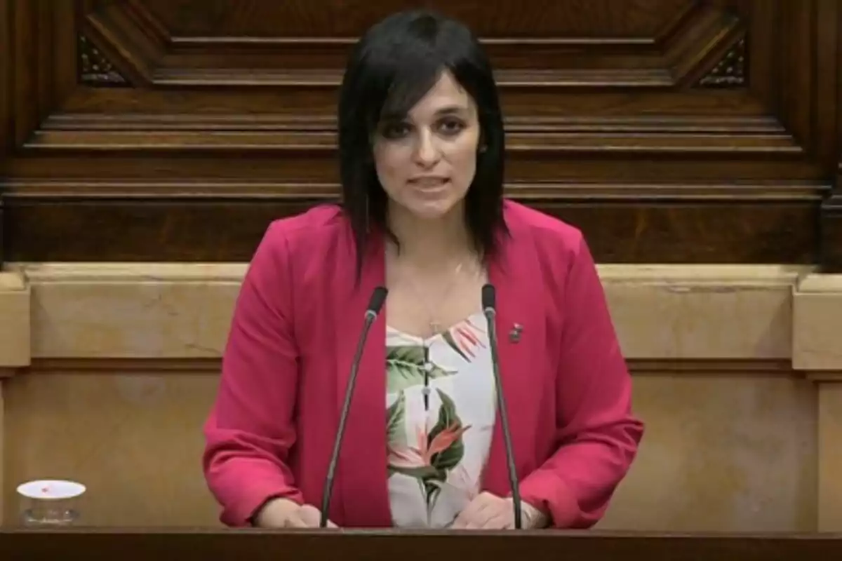 A woman in a pink jacket speaks at a podium with microphones in a wooden setting.