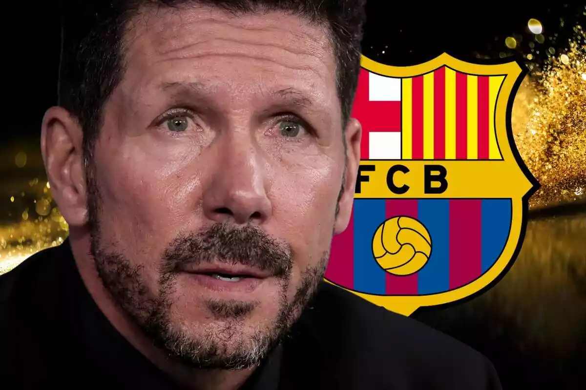 Simeone amb l'escut del Barça al costat i un fons negre i daurat