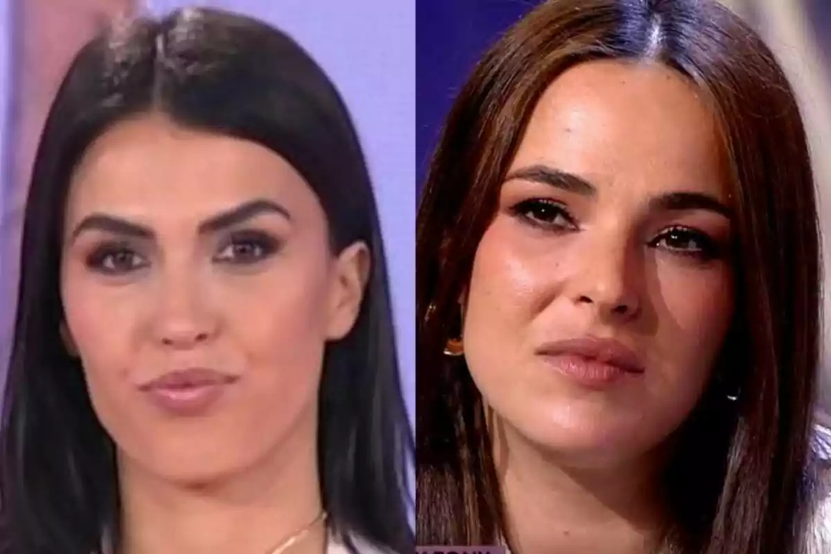 Sofía Suescun a Socialité i Marta Peñate a De Viernes miren al front amb expressions serioses en un entorn d’estudi de televisió.