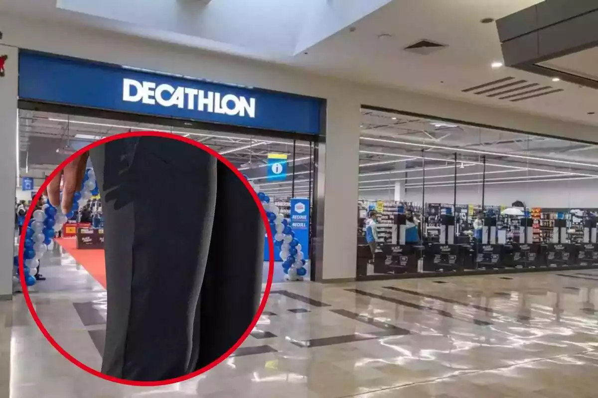 Fragment detall pantalons negres esport en un cercle vermell sobre fons de Decathlon de centre comercial