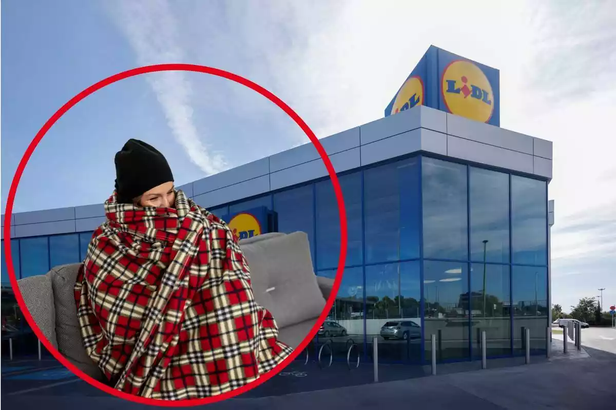 Montage with woman on gray sofa rolled up in a checkered blanket and wearing a black hat on a Lidl parking lot exterior background