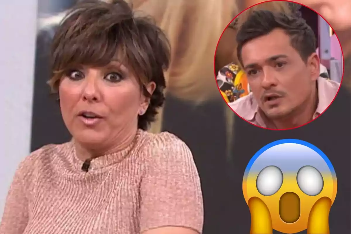 A woman with a surprised expression and a shocked face emoji, with a man in a red circle in the top right corner.
