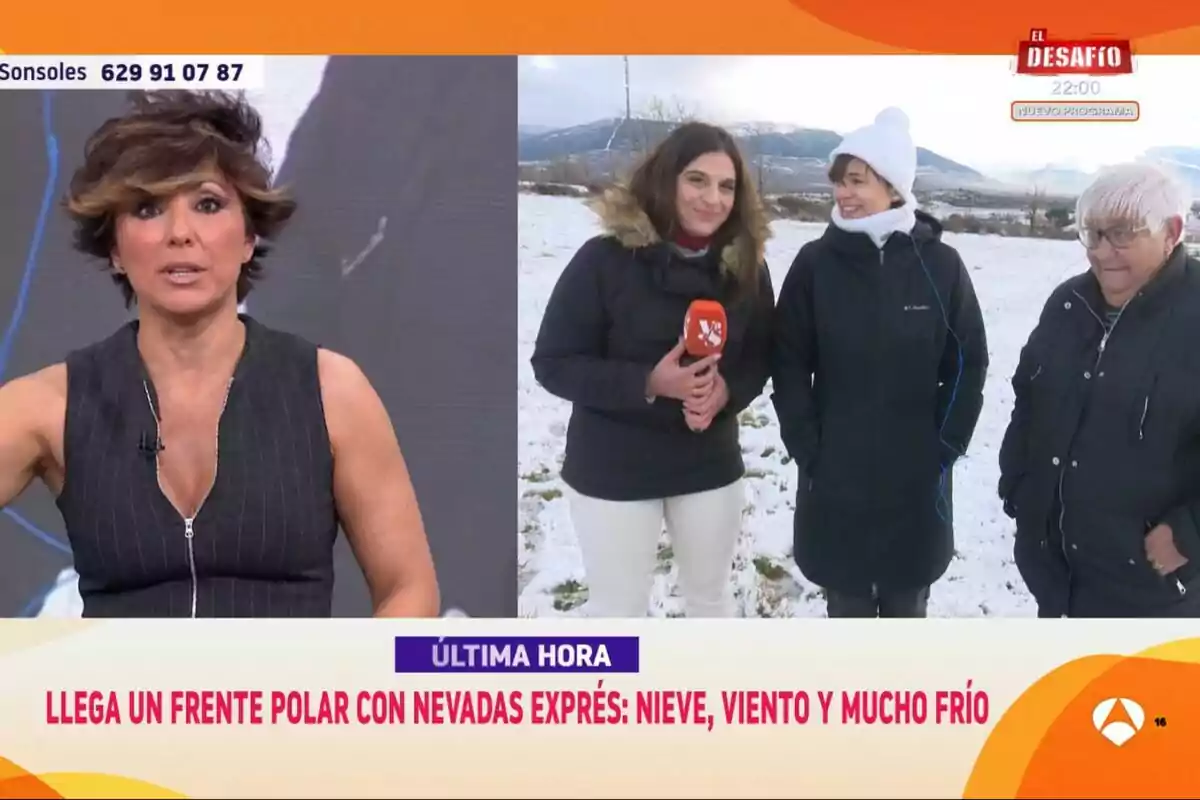 Sonsoles Ónega en el plató de Y ahora Sonsoles y reportera en exteriores con dos personas en un paisaje nevado, con un titular sobre un frente polar con nevadas, viento y frío.