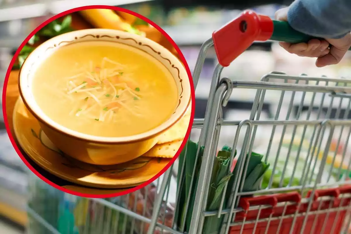 Imatge de fons d´un supermercat amb una persona portant un carret i una altra d´un plat de sopa