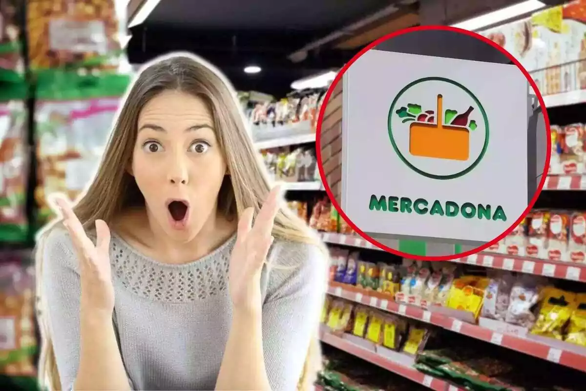 Muntatge amb dona sorpresa en un supermercat i logotip de Mercadona