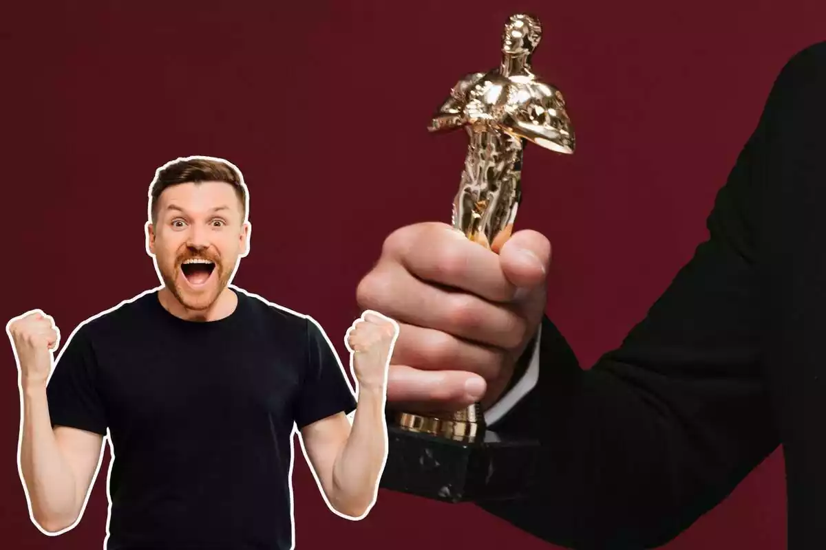 Imatge de fons d'una persona amb una estatueta dels Oscars i una altra persona amb gest de celebració