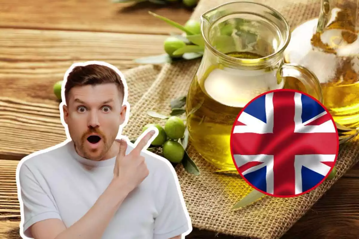 Persona sorpresa assenyalant oli d'oliva i la bandera del Regne Unit