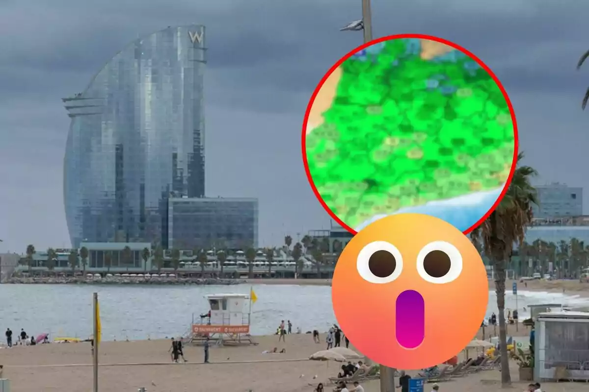 Platja amb un edifici modern al fons i un emoji sorprès superposat.