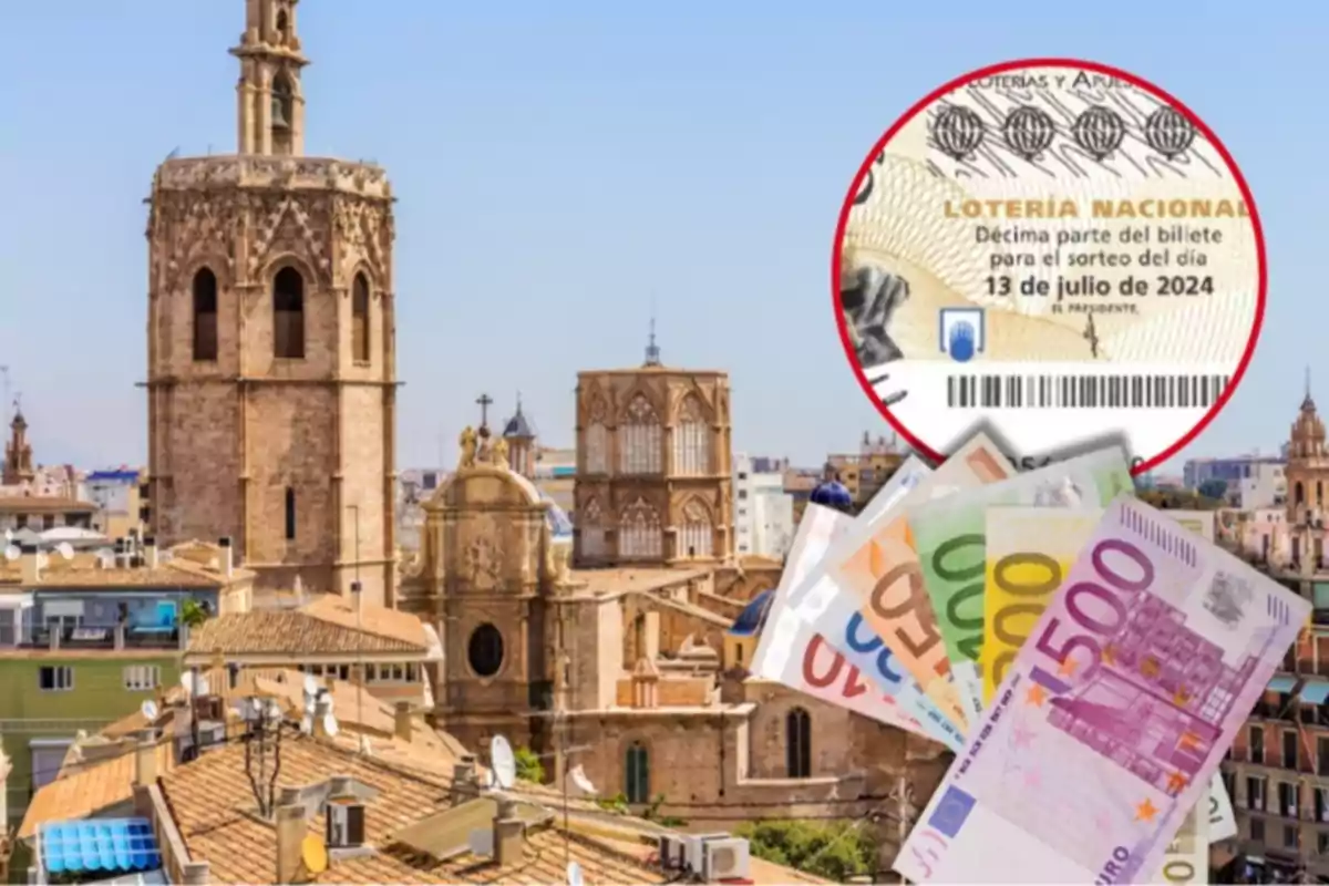 Imatge d´una ciutat amb edificis històrics, un bitllet de loteria i diversos bitllets d´euro.