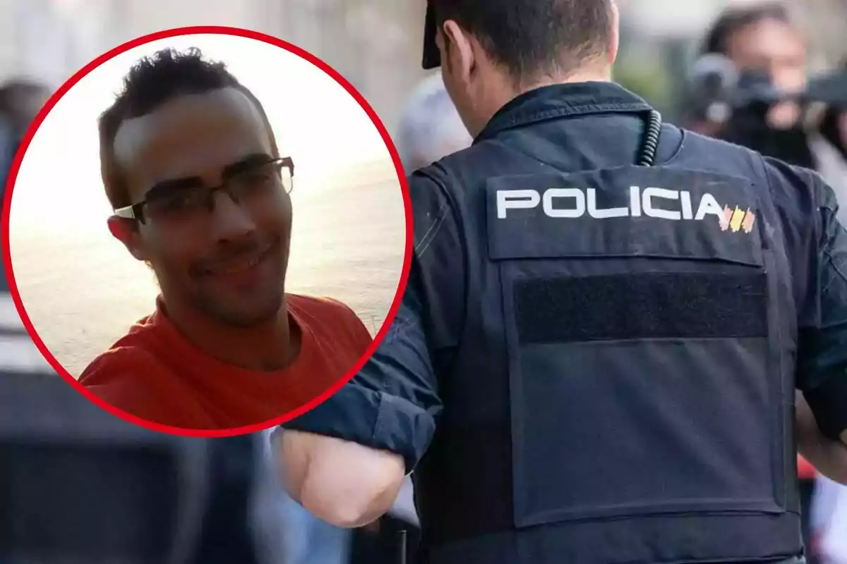 Un hombre con gafas y camiseta roja aparece en un círculo rojo superpuesto sobre la imagen de un policía de espaldas con un chaleco que dice "POLICÍA".