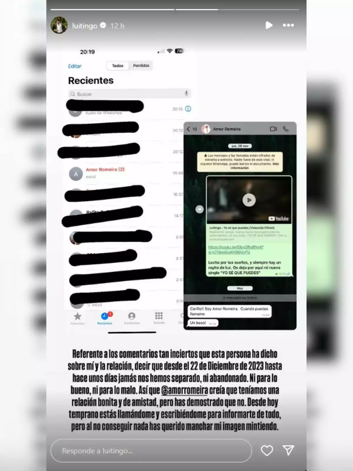 The image shows a screenshot of a mobile phone with a list of recent calls and a WhatsApp chat. The text clarifies that since December 22, 2023, there has been no separation or abandonment in the mentioned relationship, and it expresses disappointment toward a person who has tried to tarnish the author's image with lies. The image shows a screenshot of a mobile phone with a list of recent calls and a WhatsApp chat. The text clarifies that since December 22, 2023, there has been no separation or abandonment in the mentioned relationship, and it expresses disappointment toward a person who has tried to tarnish the author's image with lies.