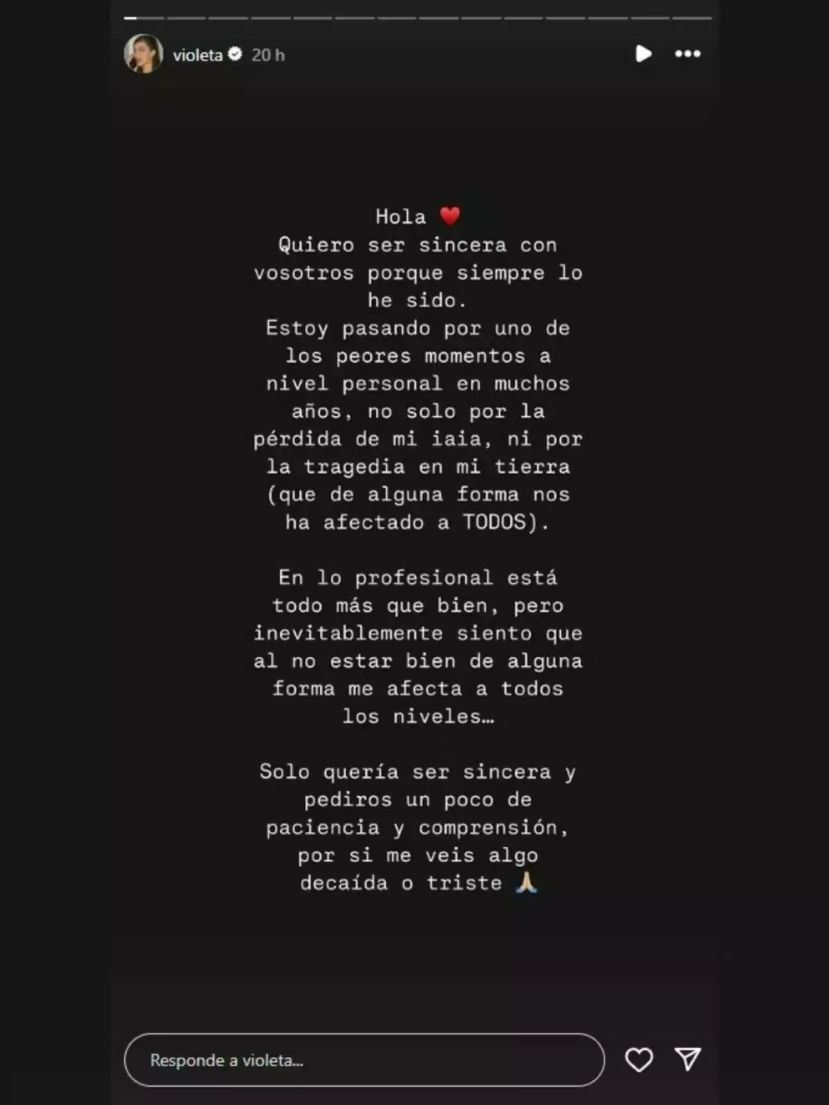 Storie de Violeta Mangriñán a Instagram explicant que són els seus pitjors moments Storie de Violeta Mangriñán a Instagram explicant que són els seus pitjors moments