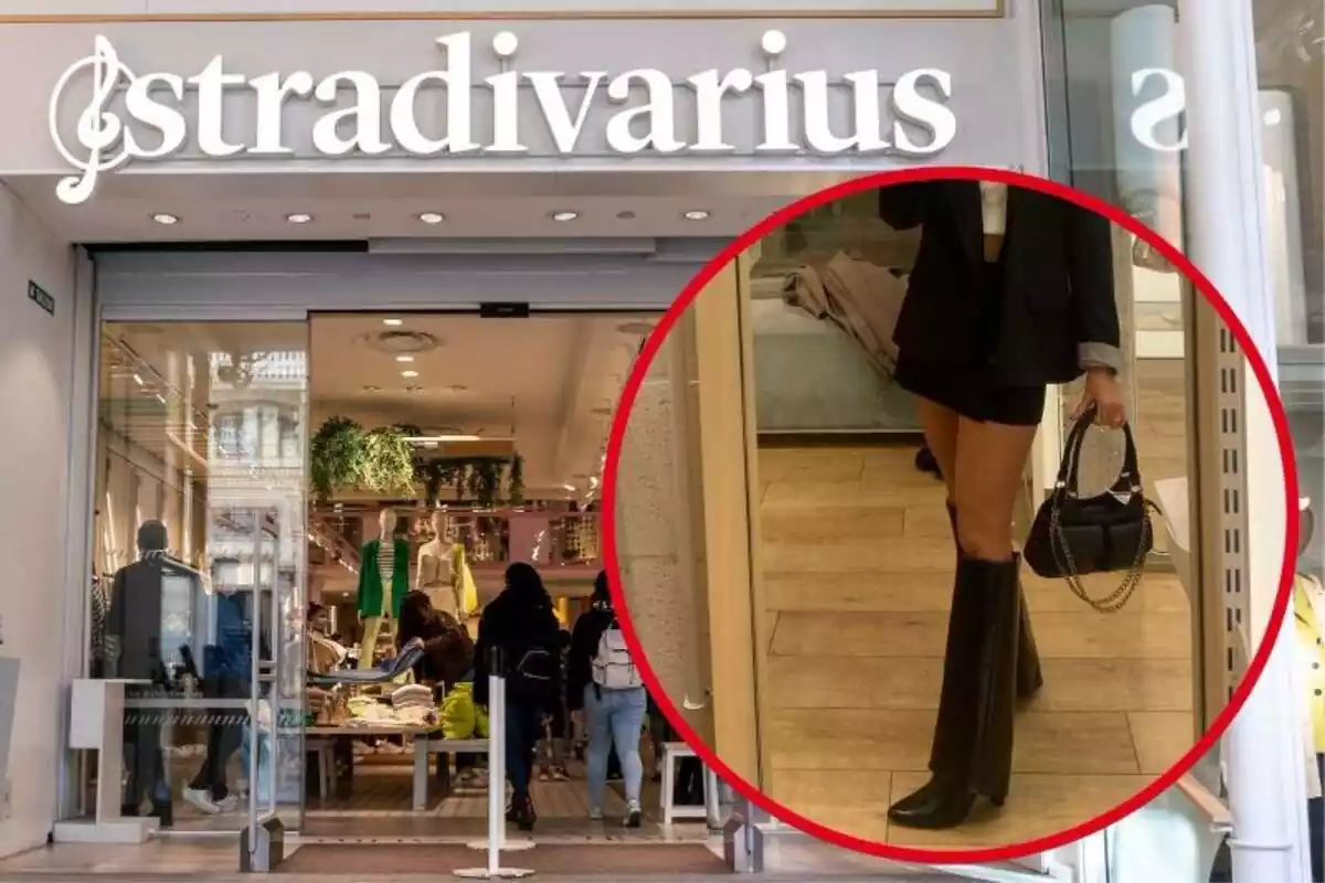 Imatge de fons d´una botiga de Stradivarius i una altra d´una persona posant amb unes botes negres estil polaina