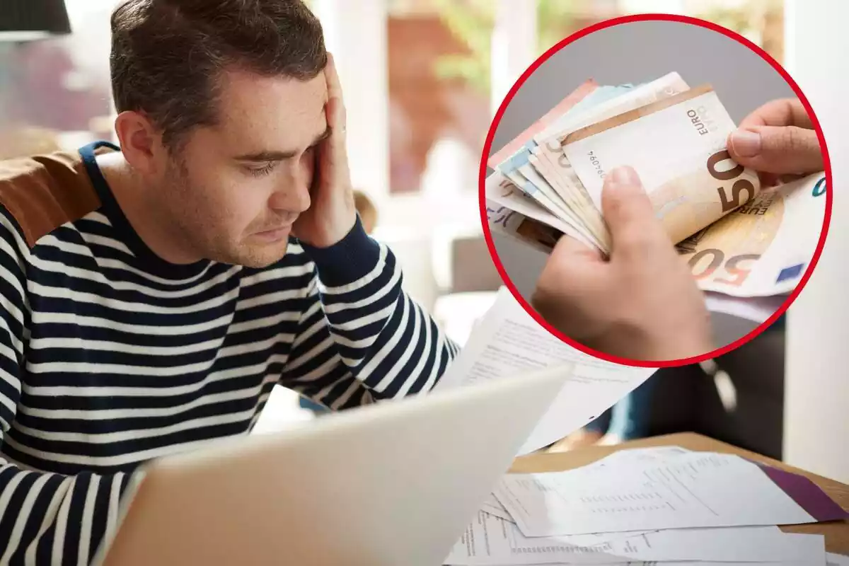 Imatge de fons d´una persona mirant factures en un ordinador i una altra d´unes mans amb molts bitllets d´euros
