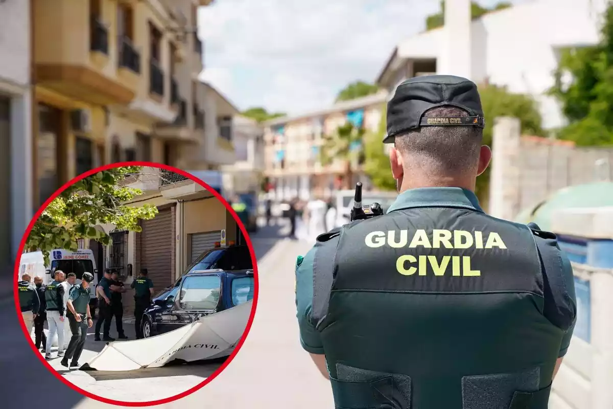 Un guàrdia civil d?esquena, i al cercle, agents davant d?un portal