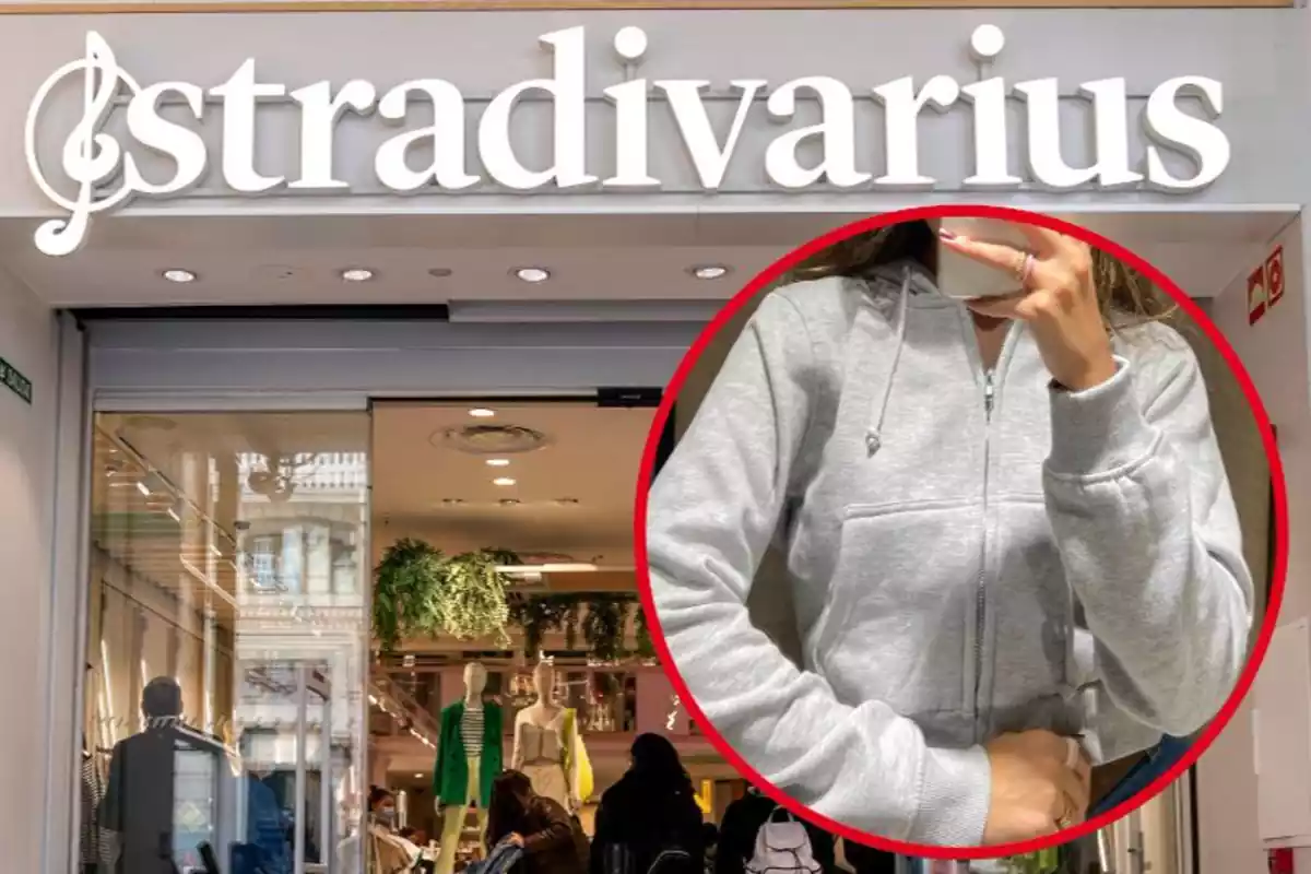 Imatge de fons d´una botiga stradivarius i una altra d´una persona posant amb una dessuadora en color gris de la marca