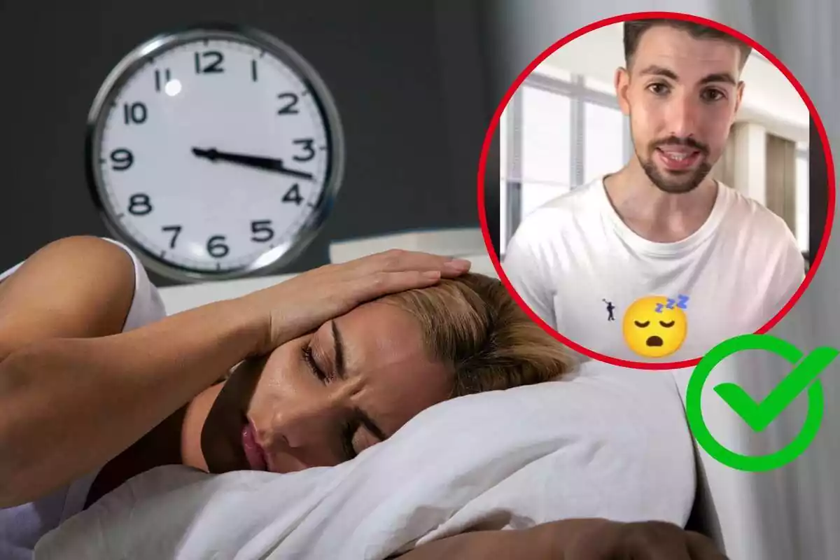 Imatge d'una dona intentant dormir, ficada al llit, amb un rellotge a l'esquena i una altra imatge de l'usuari de TikTok Carlos Estratega