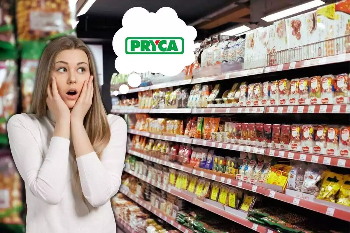 Muntatge amb una prestatgeria de supermercat plena de productes i una noia amb cara de sorpresa recordant la marca pryca