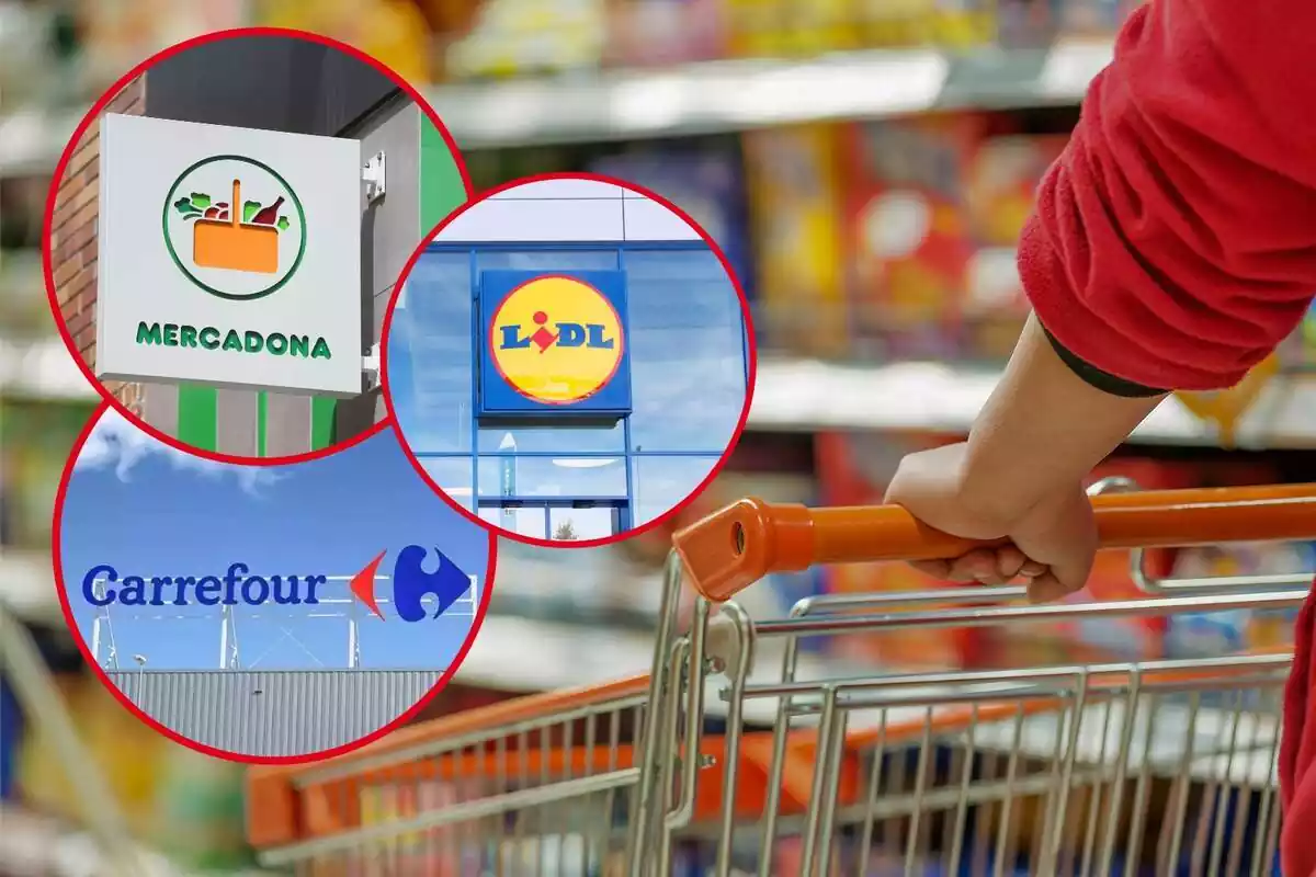 Muntatge amb una imatge de fons d'un supermercat i tres més de Mercadona, Lidl i Carrefour