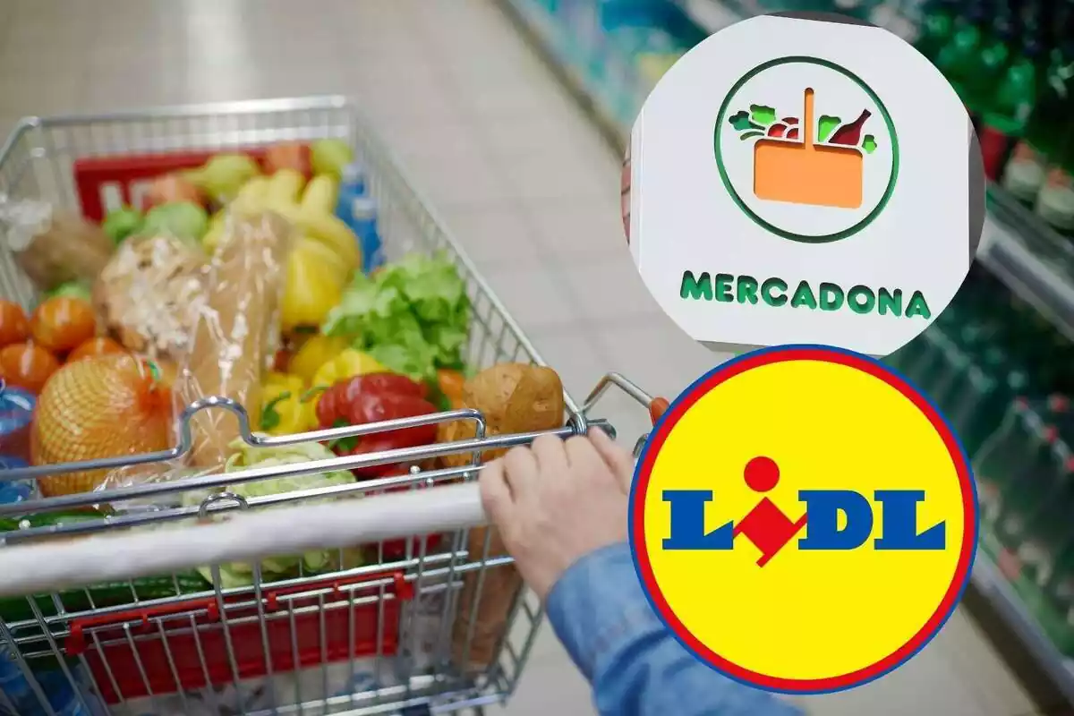 Montaje con una imagen de fondo de un supermercado en el que se ve un carro de la compra lleno, y otras dos imágenes de los logos de Lidl y Mercadona