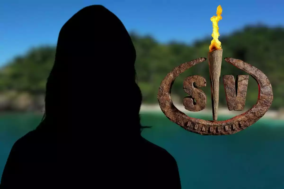 Silueta de Ángela Ponce frente a un fondo de playa con un logotipo que tiene una antorcha y las letras "SV Honduras" (Supervivientes).