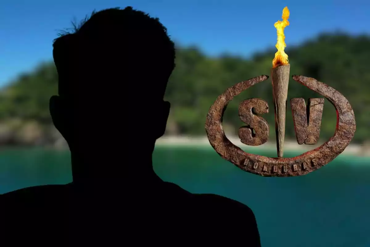 Silueta de Pelayo Díaz frente a un fondo de playa con un logotipo que tiene una antorcha y las letras "SV" (Supervivientes).