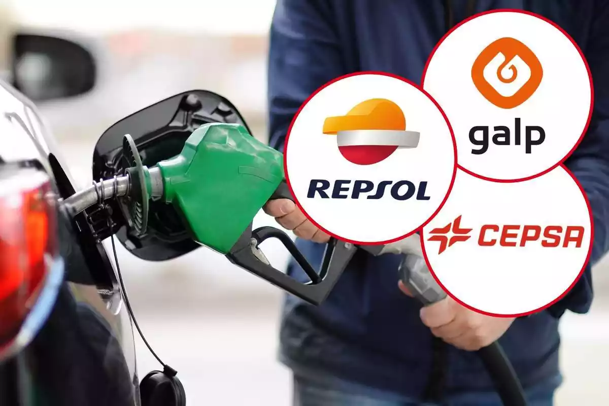 Muntatge amb una persona omplint el dipòsit d'un cotxe i tres cercles amb els logos de Repsol, Galp i Cepsa