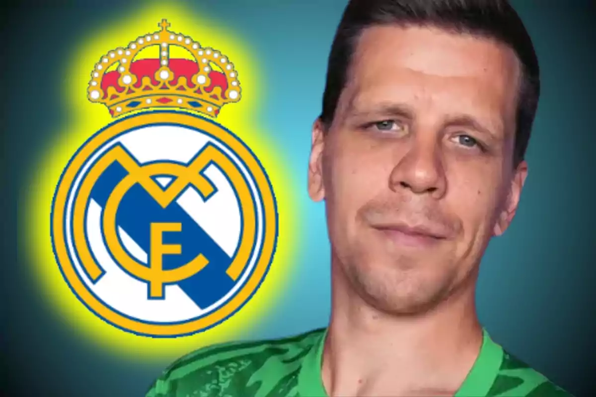 Un hombre con camiseta verde junto al escudo del Real Madrid sobre un fondo azul.