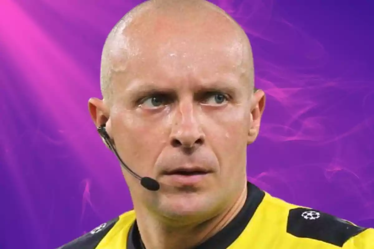 A soccer referee with an earpiece and microphone, wearing a yellow uniform, against a purple background with light effects.