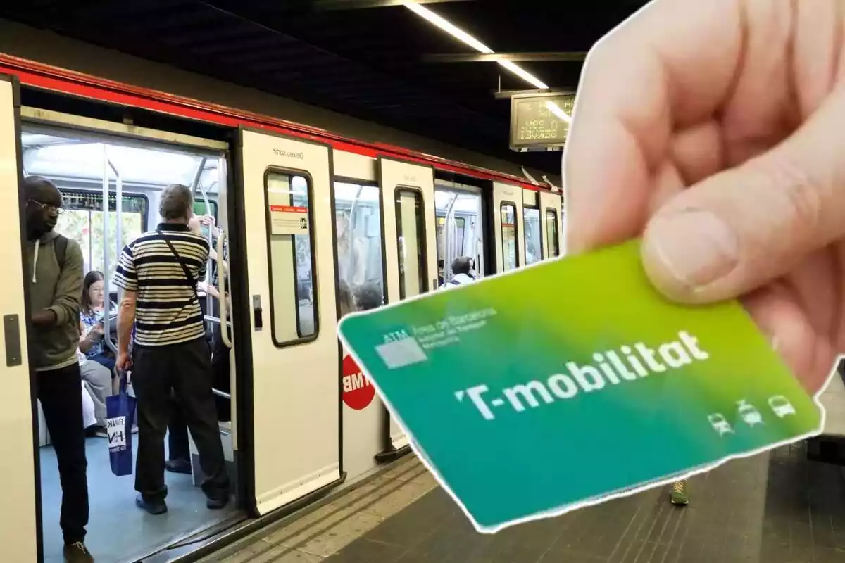 Muntatge on es pot veure el metro de Barcelona al costat d'una targeta de mobilitat