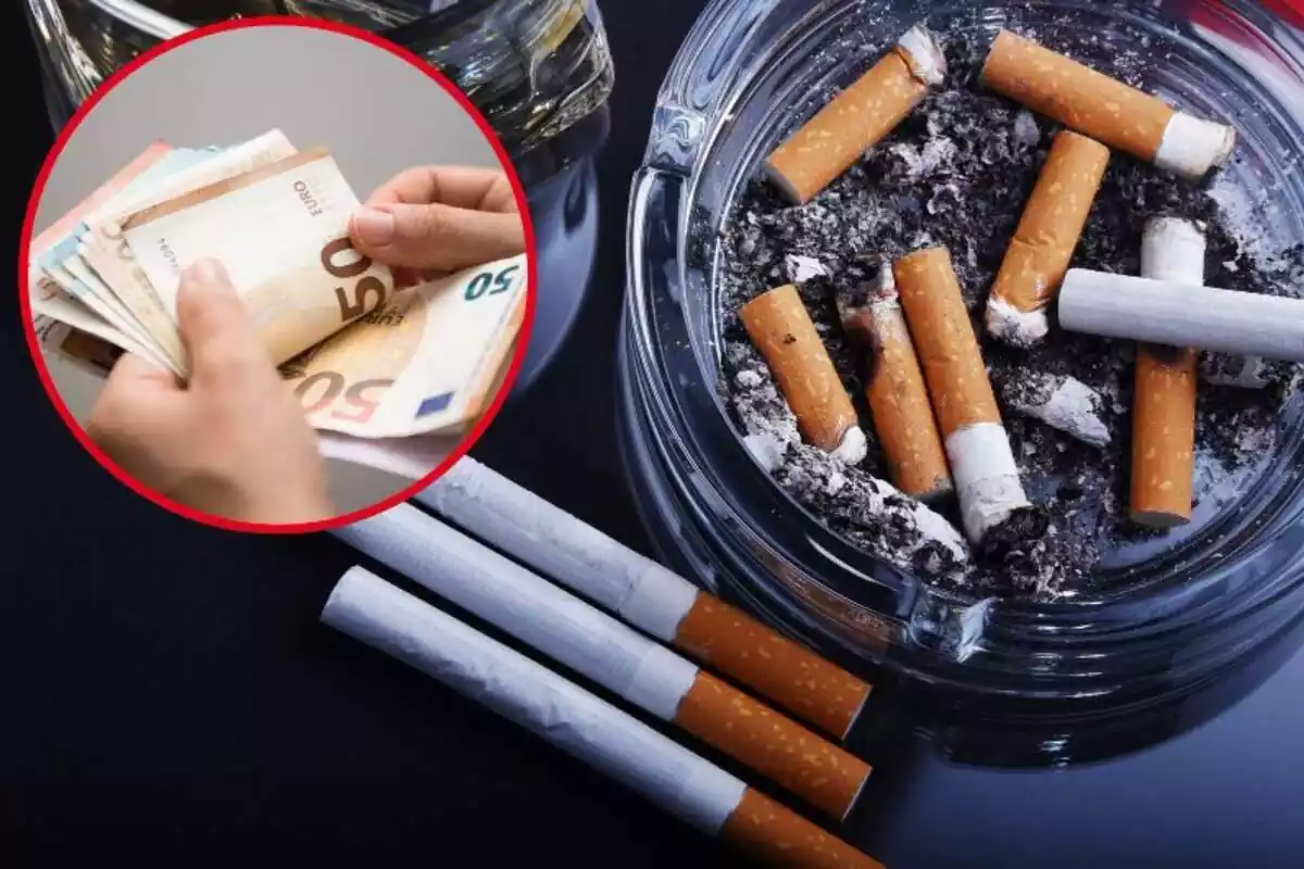 Imatge de fons d´una taula amb cigarrets començats i sencers i una altra imatge d´una mà amb molts bitllets d´euros