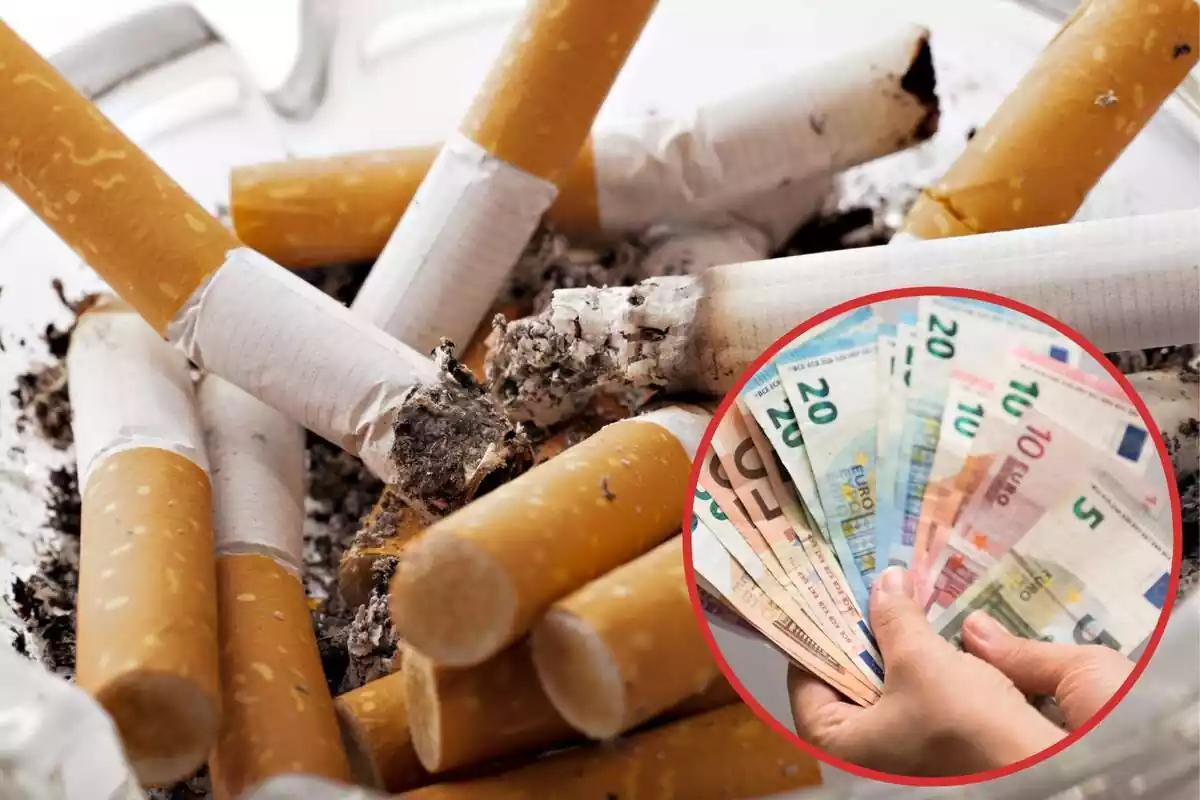 Imatge de fons de diversos cigars començats però apagats i una altra d'una mà amb diversos bitllets d'euros