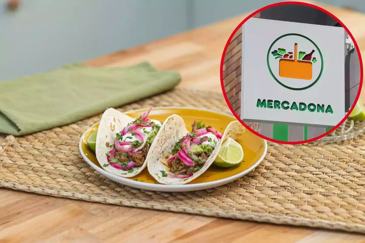 Muntatge amb un plat amb dos tacs mexicans i en un cercle el logotip de Mercadona
