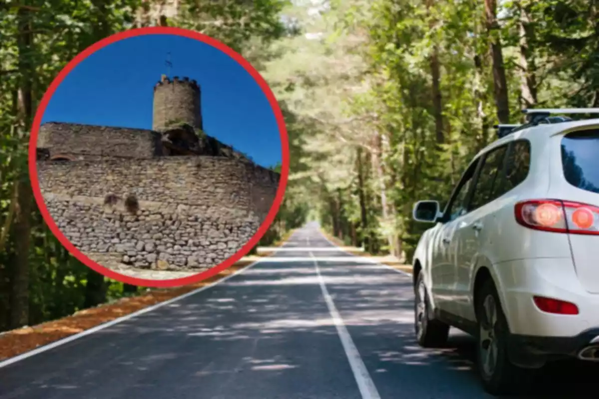 Un cotxe anant per la carretera i al costat un cercle amb el castell de Talamanca