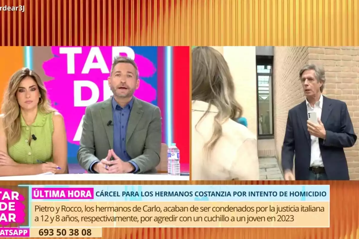 Frank Blanco i Verónica Dulanto informen sobre la condemna dels germans Costanzia mentre, a la pantalla dividida, apareix una reportera entrevistant Carlo Costanera a l’exterior d’un edifici de maó.