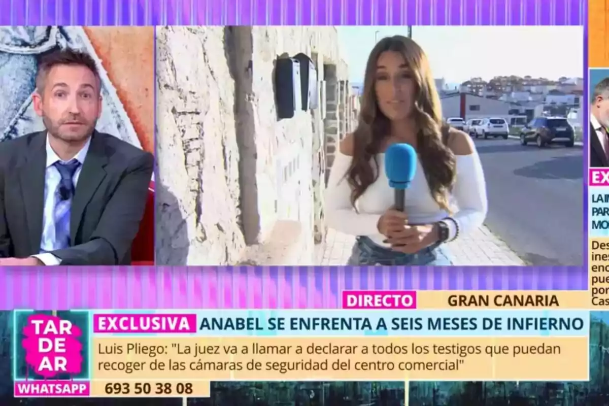Un programa de televisió mostra Frank Blanco a l'estudi i una reportera a l'exterior amb un micròfon blau, mentre a la pantalla es llegeix un titular sobre un cas judicial a Gran Canària. Captura de 'TardeAR'. Un programa de televisió mostra Frank Blanco a l'estudi i una reportera a l'exterior amb un micròfon blau, mentre a la pantalla es llegeix un titular sobre un cas judicial a Gran Canària. Captura de 'TardeAR'.