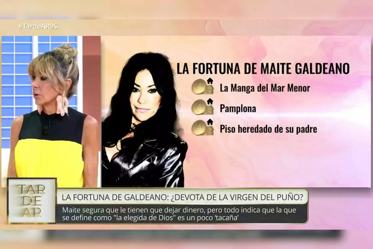 A la imatge es mostra Marisa Martín-Blázquez i Maite Galdeano, una amb un vestit groc i negre, i l'altra amb una jaqueta de cuir negra. A la dreta, hi ha un text que diu “La fortuna de Maite Galdeano” i enumera tres propietats: La Manga del Mar Menor, Pamplona i un pis heretat del seu pare. A la part inferior, hi ha un requadre que diu A la imatge es mostra Marisa Martín-Blázquez i Maite Galdeano, una amb un vestit groc i negre, i l'altra amb una jaqueta de cuir negra. A la dreta, hi ha un text que diu “La fortuna de Maite Galdeano” i enumera tres propietats: La Manga del Mar Menor, Pamplona i un pis heretat del seu pare. A la part inferior, hi ha un requadre que diu