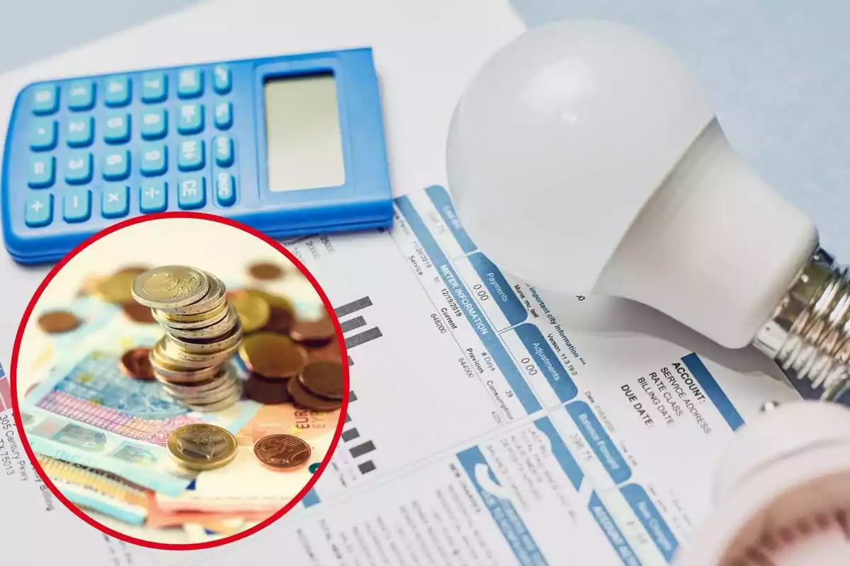Imatge de fons d'una factura amb una calculadora i una bombeta de llum, juntament amb una altra imatge de diners