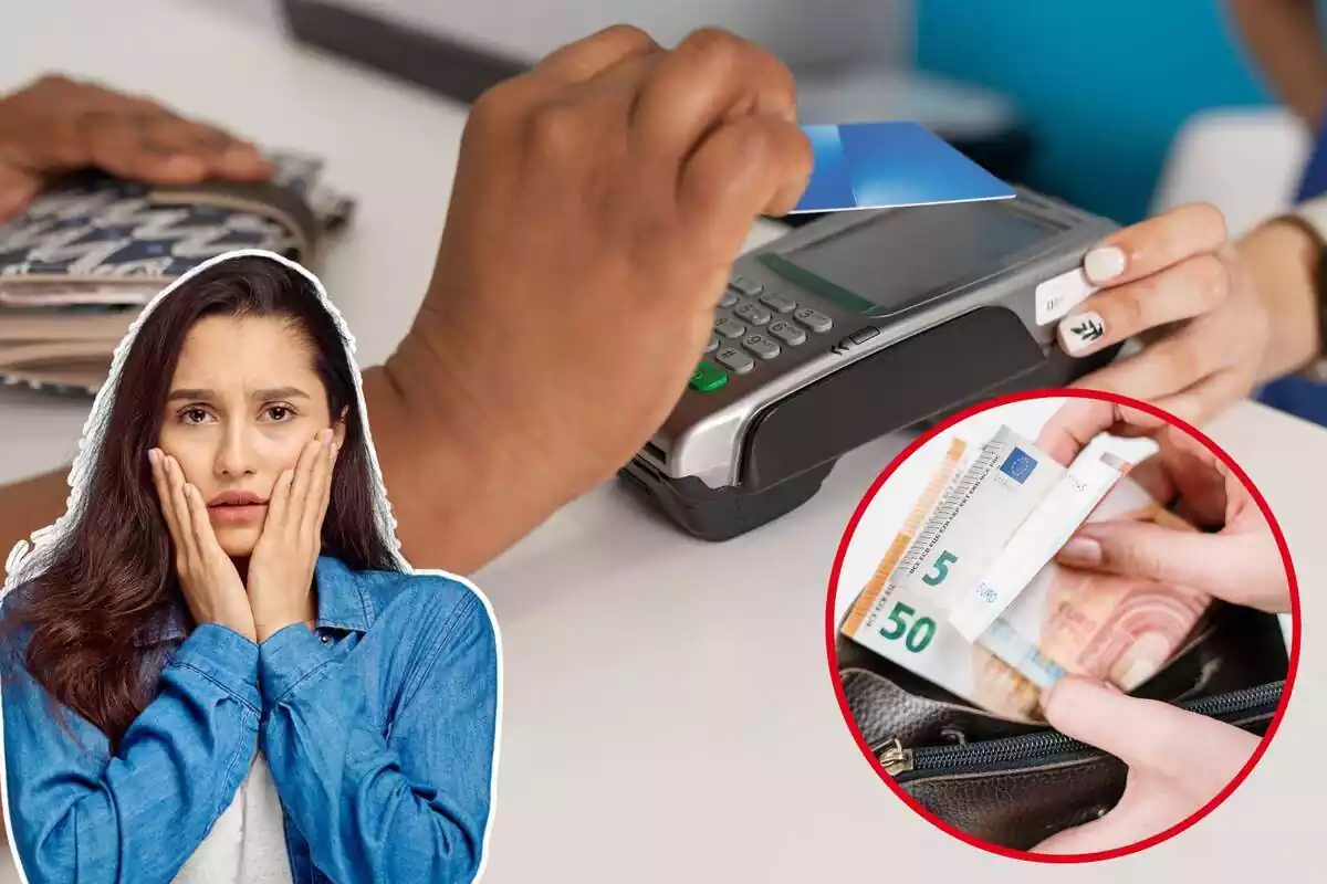 Imatge de fons d´una persona pagant en un datàfon amb targeta, una altra d´una dona amb gest de preocupació i una imatge d´un moneder amb bitllets d´euros