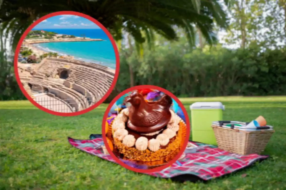 Un pícnic i una imatge de l'amfiteatre de tarragona i una mona de pasqua