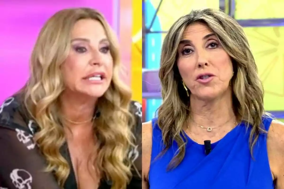 Cristina Tárrega i Paz Padilla amb cabell ros i llarg apareixen en un programa de televisió, cadascuna en un plató diferent, una amb brusa negra i l’altra amb vestit blau.