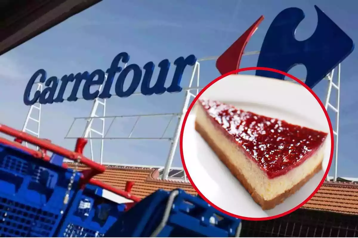 muntatge amb porció de pastís de formatge en un cercle sobre fons d'exterior de Carrefour