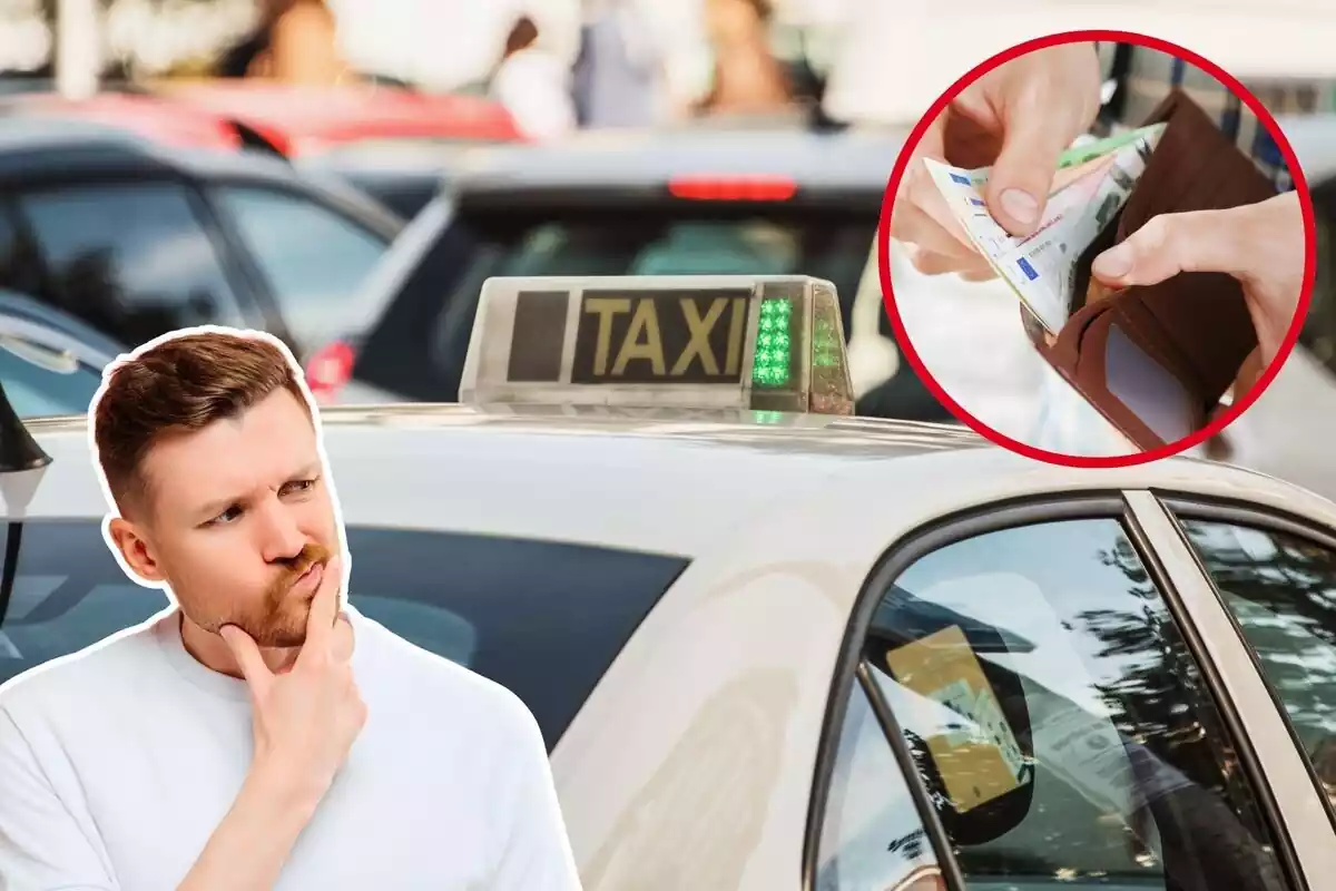 Imatge de fons d'un taxi amb el cartell verd, una altra imatge d'una persona traient bitllets d'euros d'un moneder i una altra d'un home en primer pla amb gest de dubte