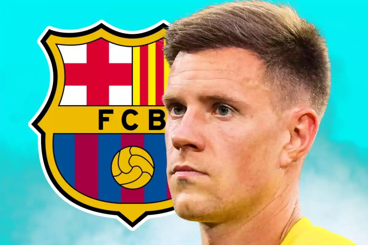 Goalkeeper in a yellow jersey in front of the FC Barcelona crest on a sky blue background