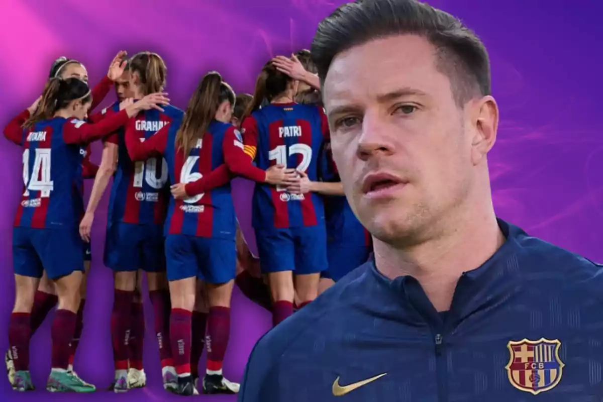 A group of FC Barcelona female players celebrating on the field with a man in the foreground, all against a purple background.
