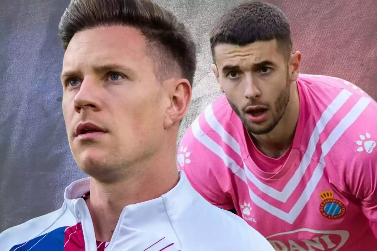 Two men in sports jerseys, one in the foreground with a white and blue jersey, and another behind with a pink jersey.