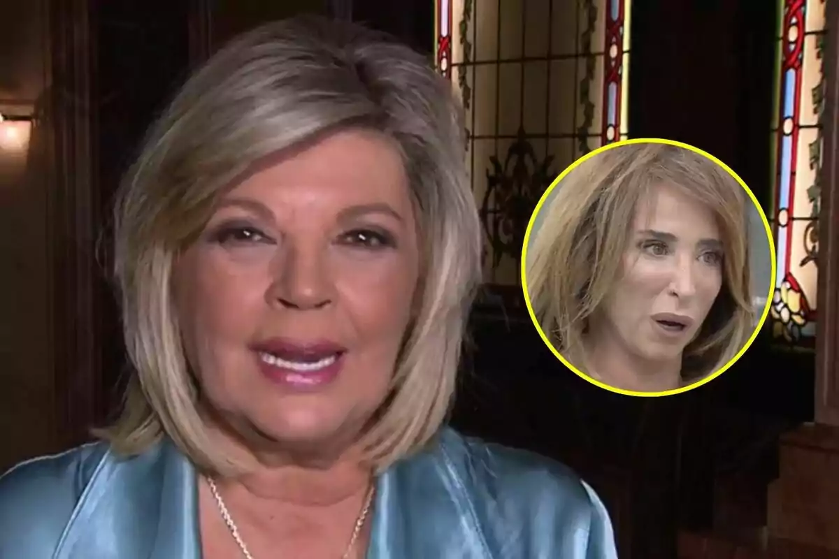 Terelu Campos amb cabell ros i jaqueta blava apareix en primer pla mentre María Patiño a La Família de la Tele està en un cercle groc a la cantonada superior dreta.