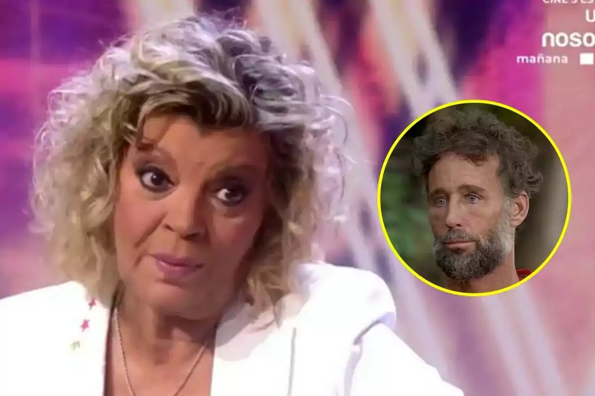 Terelu Campos de cabell ros i arrissat amb expressió seriosa a De Divendres, amb la imatge d’Álvaro Muñoz Escassi de barba i cabell arrissat a Supervivientes dins d’un cercle groc a la cantonada superior dreta.