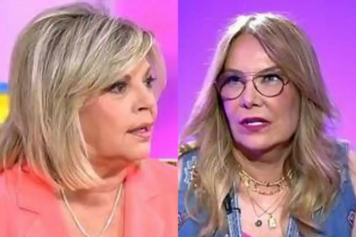 Terelu Campos i Belén Rodríguez conversant en un programa de televisió amb un fons de colors brillants a Tardear.