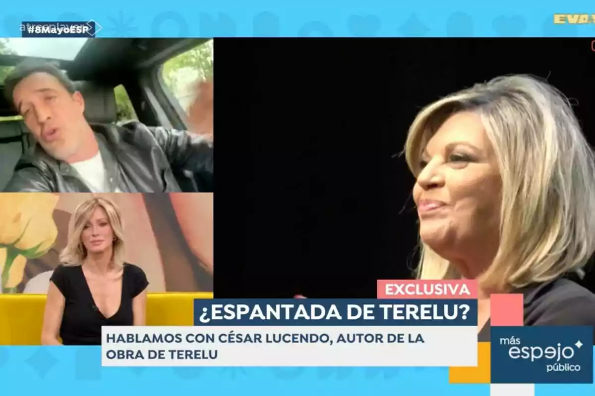 A la imatge s'observa 'Espejo Público' amb diverses persones participant, incloent Susanna Grisoo en un estudi i César Lucendo en una videotrucada des d'un automòbil. A l'esquerra, Terelu Campos. A la imatge s'observa 'Espejo Público' amb diverses persones participant, incloent Susanna Grisoo en un estudi i César Lucendo en una videotrucada des d'un automòbil. A l'esquerra, Terelu Campos.